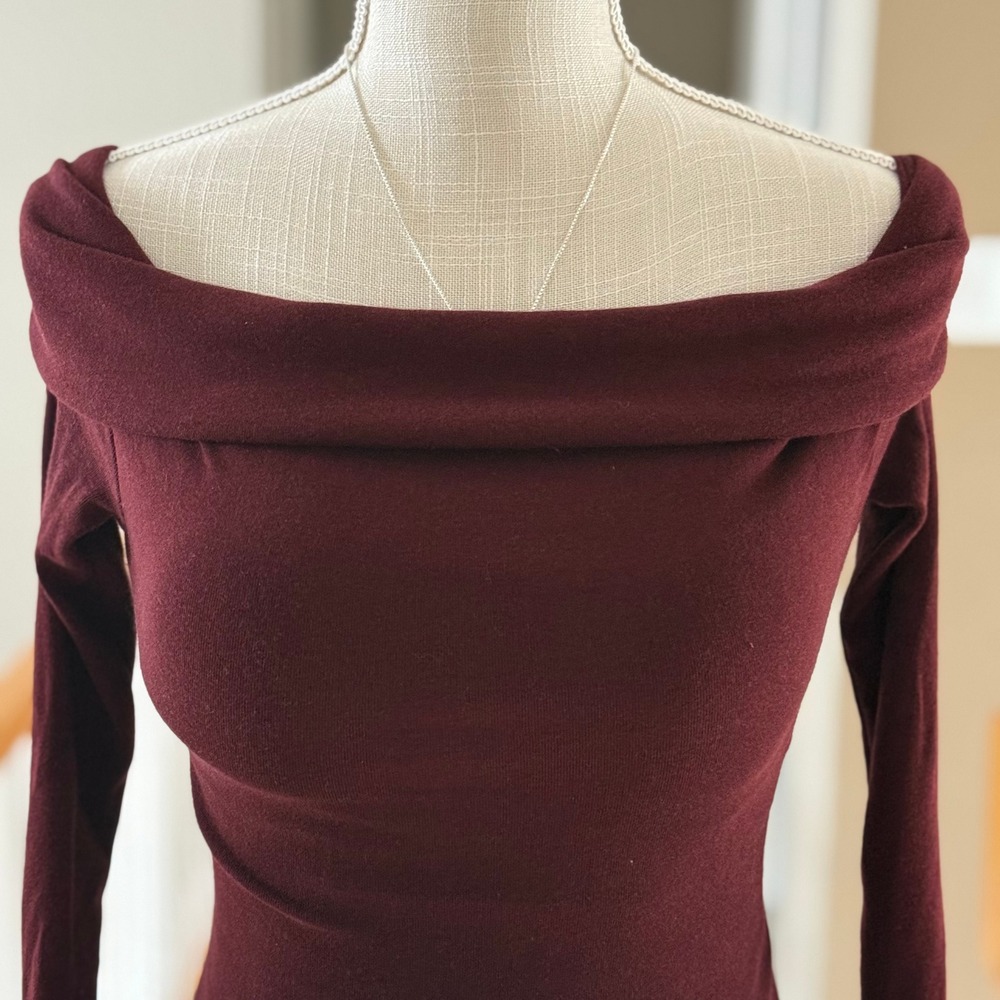 OGL Womens Off Shoulder Long Sleeve Brami Top Built-In Bra Burgundy Wine XS - Picture 2 of 10